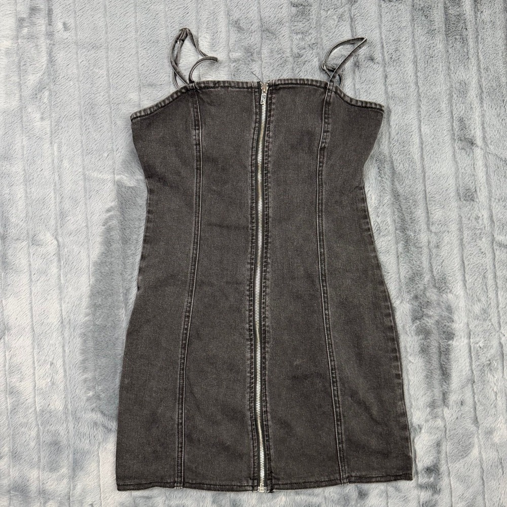 Forever 21 Womens Black Denim Full Zip Mini Dress Size Small Adjustable Straps